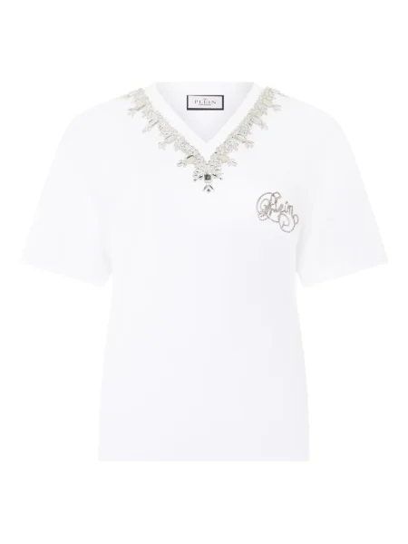 Tricou Philipp Plein cu broderie cu decolteu în V alb