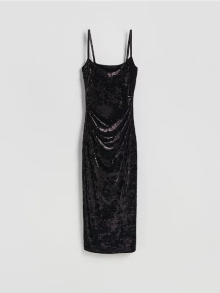 Reserved Welurowa sukienka midi ciemnobrązowy