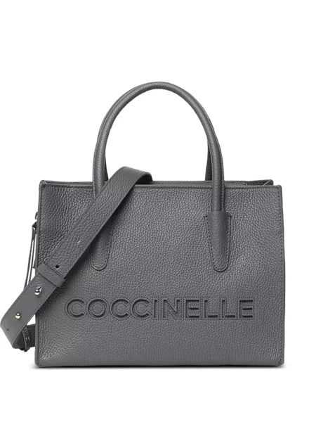 Geantă shopper Coccinelle din piele cu autograf gri