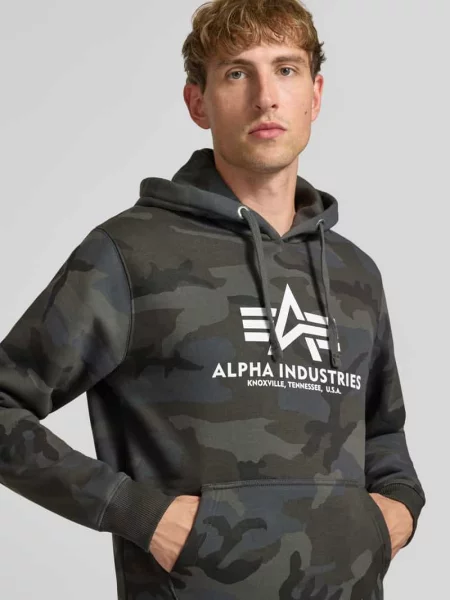 Bluza z kapturem nadrukiem z logo i kieszenią kangurką Alpha Industries czarna