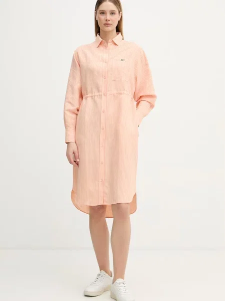 Lacoste sukienka koszulowa z lnem pomarańczowa