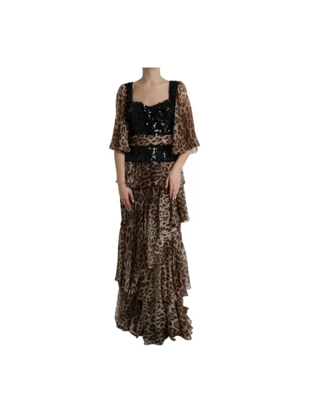 Sukienka maxi Dolce And Gabbana z cekinami w panterkę brązowa