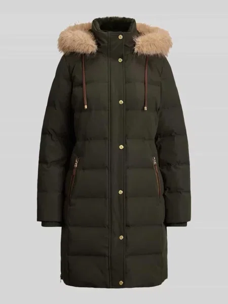Płaszcz puchowy o kroju regular fit z obszyciem ze sztucznego futra Lauren Ralph Lauren zielone