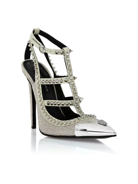 Czółenka Philipp Plein skórzana na wysokim obcasie z ćwiekami beżowa