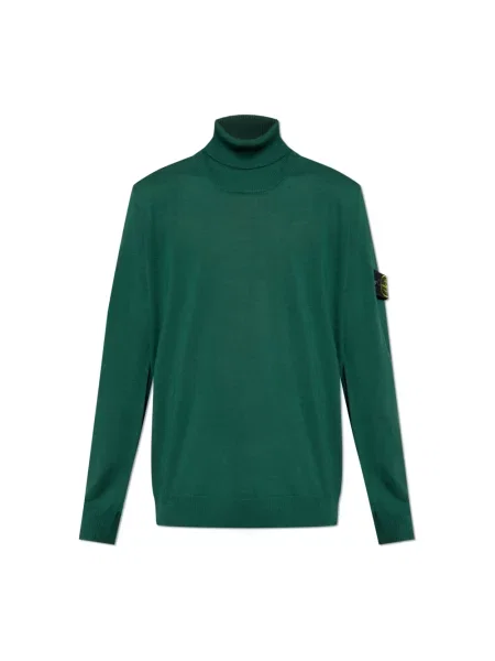 Lniany sweter z golfem Stone Island z kamieniami do golfa zielony