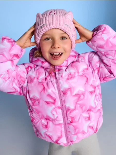 Sinsay Puffer bunda s kapucí a lesklým motivem hvězd růžová