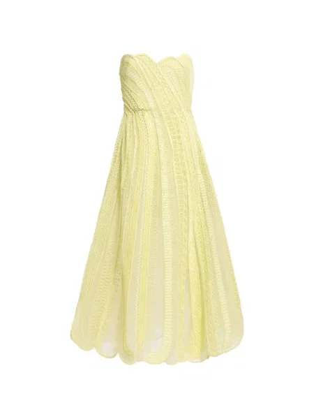Rochie midi Elie Saab cu broderie fără bretele galben