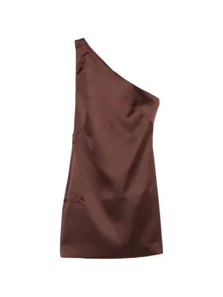 Rochie mini Self-portrait din satin cu un umăr gol de costum maro