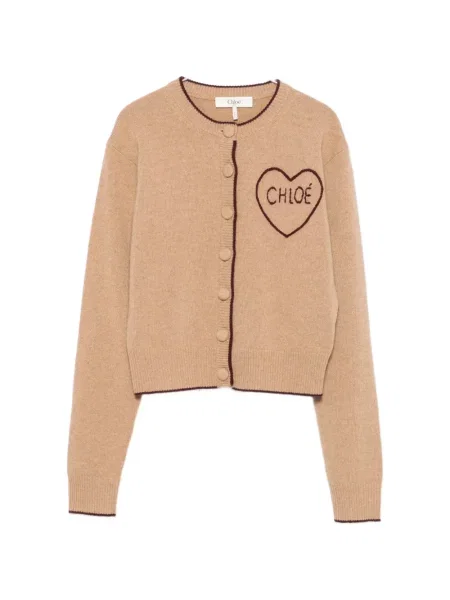 Cardigan Chloé cu motiv cu inimi cu autograf maro