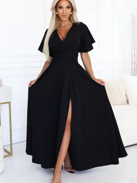 Długa sukienka maxi Numoco z rozcieciem czarna