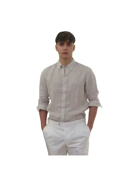 Lniana koszula Polo Ralph Lauren w paski z paskiem beżowa