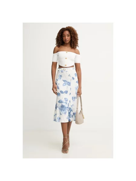 Lniana spódnica midi Guess niebieska