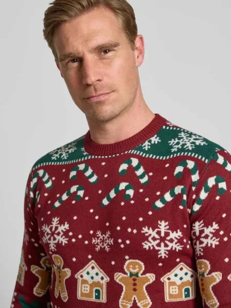 Sweter z dzianiny ze wzorem na całej powierzchni model ‘Santa Lindbergh bordowy