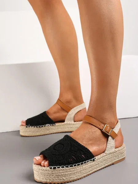 Sandale Espadrile cu Vârf Împletit Peep Toe și Platformă din Iută Drelpa negre