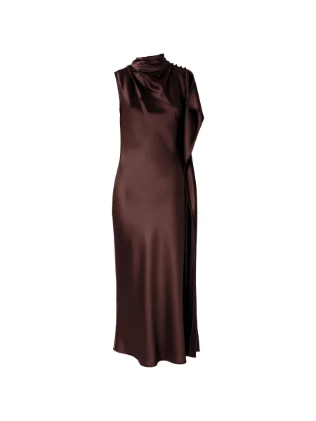 Lung rochie Pinko din satin cu un umăr gol maro