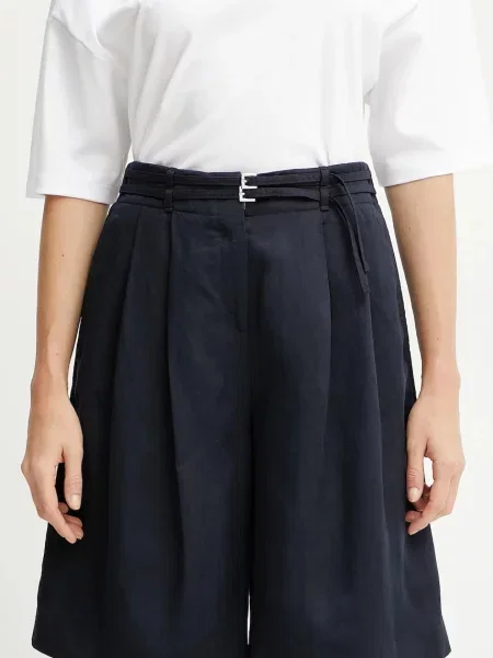 BOSS pantaloni scurți din amestec de in femei bleumarin uni high waist