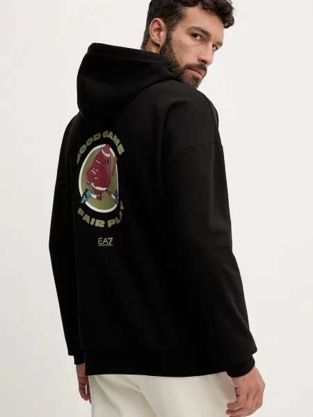 Dukserica Emporio Armani s kapuljačom s tiskom crna