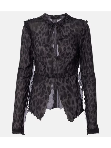 Bluză Gucci de mătase cu imagine cu model leopard negru