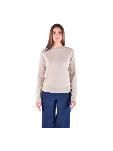 Sweter Barbour wełniany z okrągłym dekoltem beżowy