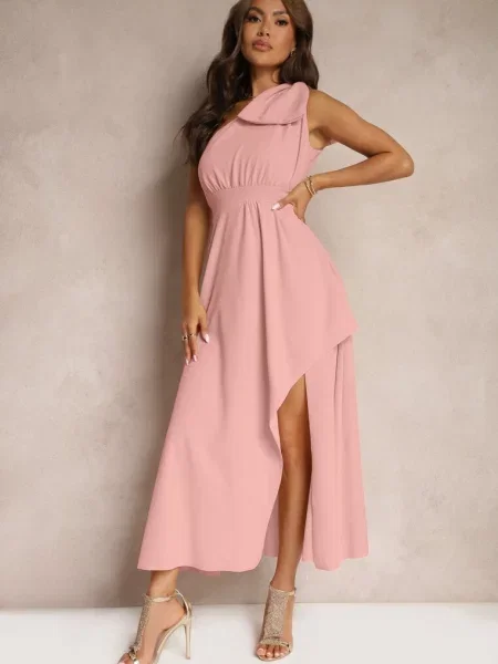 Sukienka Koktajlowa o Asymetrycznym Kroju na Jedno Ramię Ozdobiona Kokardą Vimorissa różowa
