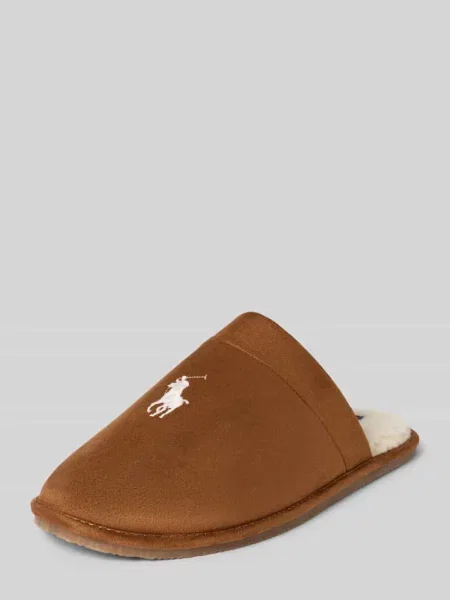 Kapcie z podszewką wewnętrzną z polaru Polo Ralph Lauren brązowe