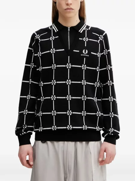 Pulover Fred Perry cu decolteu în V cu imprimeu geometric negru