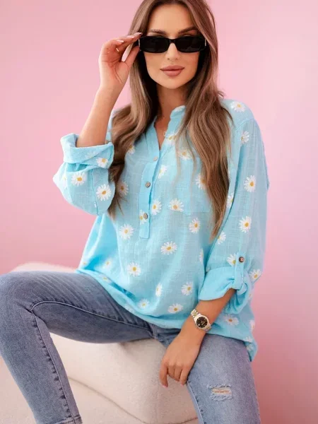 Lanena bluza Kesi Włoski s cvetličnim vzorcem z dolgimi rokavi