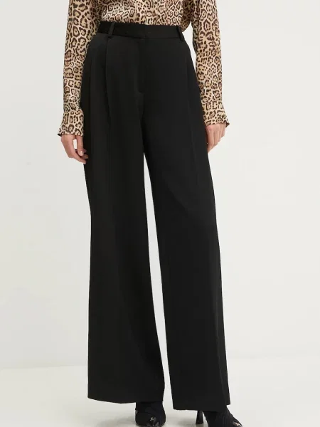 Hlače s primjesom vune Marciano Guess NINA široke visoki struk crna