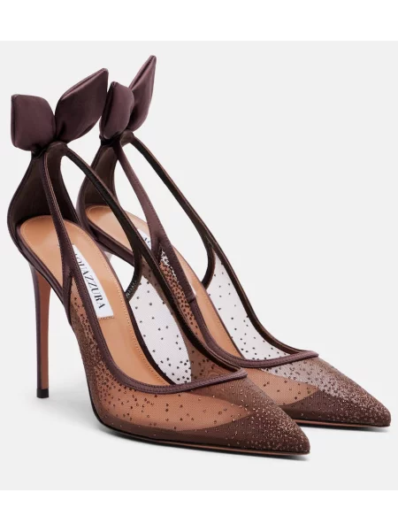 Lodičky Aquazzura s mašlí se síťovinou s otevřenou patou hnědé