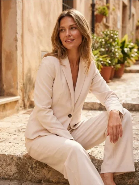 Штани wide leg з поясом кремовий