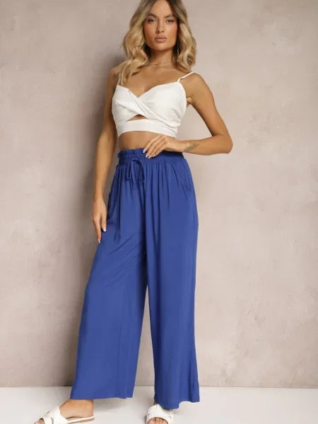 Pantaloni albaștri din tip Palazzo cu talie înaltă și în talie Nelsaria albastru
