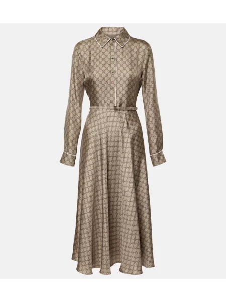 Jedwabna sukienka koszulowa Gucci garniturowa beżowa