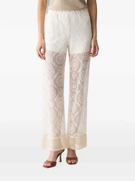 Pantaloni Haveone cu broderie din dantelă alb