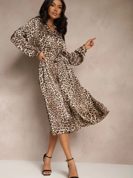Koszulowa Sukienka w Panterkę z Wiązanym Ramalli brązowa