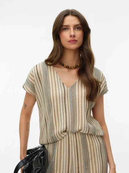 VERO MODA Marškinėliai VMDEMI smėlio / juoda balta