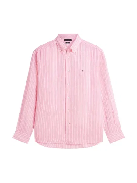 Lniana koszula Tommy Hilfiger w paski różowa