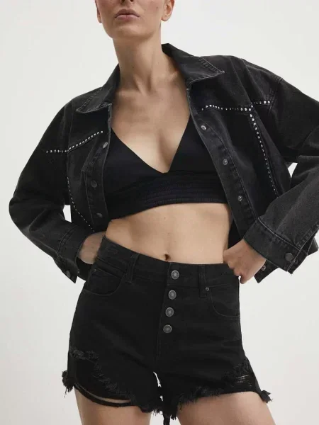 Дънков къс панталон Answear Lab с изчистен дизайн с висока талия черно