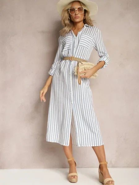 Rochie Cămașă Midi în Dungi cu In și Împletită Efordia alb