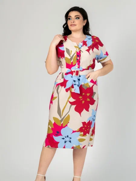 Сукня міді All Posa молочний льон/віскоза