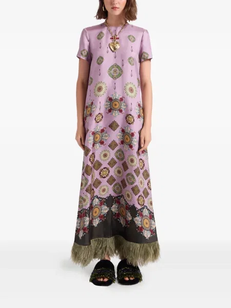 Rochie maxi La Doublej cu pene de costum roz