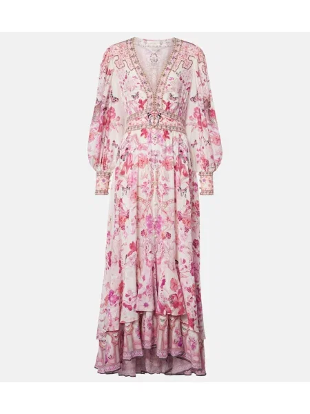 Svilena maksi obleka Camilla s cvetličnim vzorcem roza