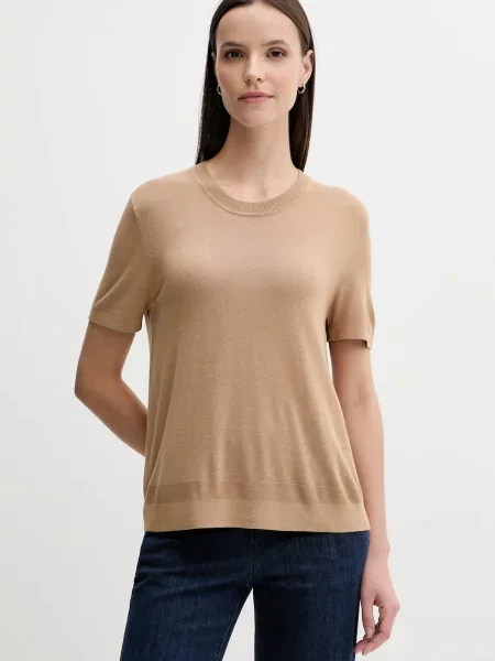 United Colors of Benetton t-shirt z jedwabiem beżowy