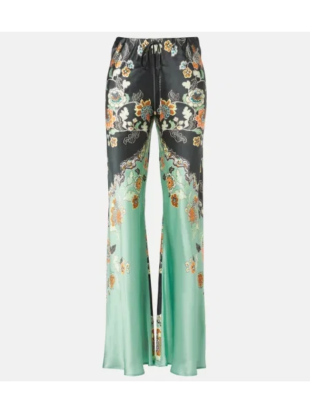 Pantaloni Roberto Cavalli din satin cu model floral evazate verde