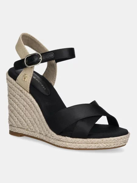 Sandali Tommy Hilfiger SATIN HIGH WEDGE ESPADRILLE črna