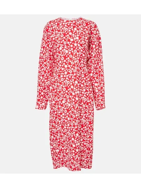 Satynowa sukienka midi Marni w kwiatki do kolan czerwona