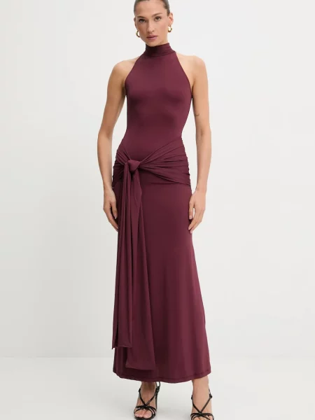 Bardot sukienka maxi dopasowana bordowy