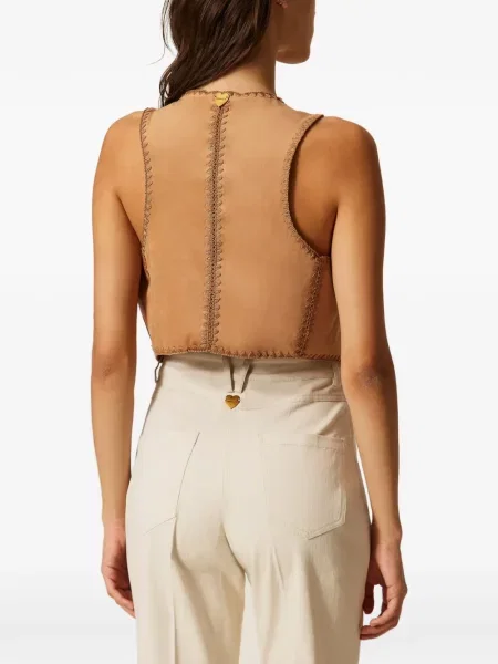 Vestă Twinset cu broderie din piele de căprioară maro