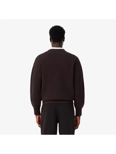 Lacoste Kardigan Z Dekoltem V Relaxed Fit Ciemnobrązowy brązowy