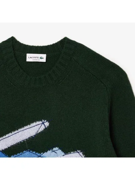 Lacoste Wełniany Sweter Classic Fit Z Okrągłym Dekoltem zielony