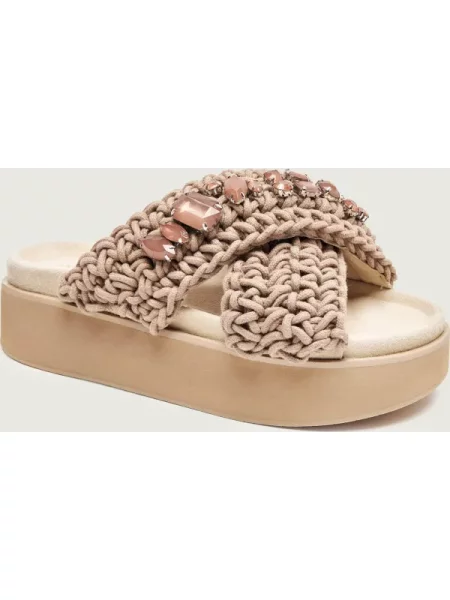 Șlapi Inuikii din piele cu strasuri cu platformă bej